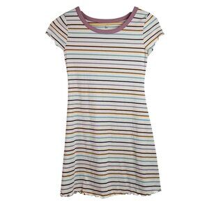 SO Striped Ribbed Dress White Purple SZ 10 12 Large Short Sleeve Curly Hem Shift